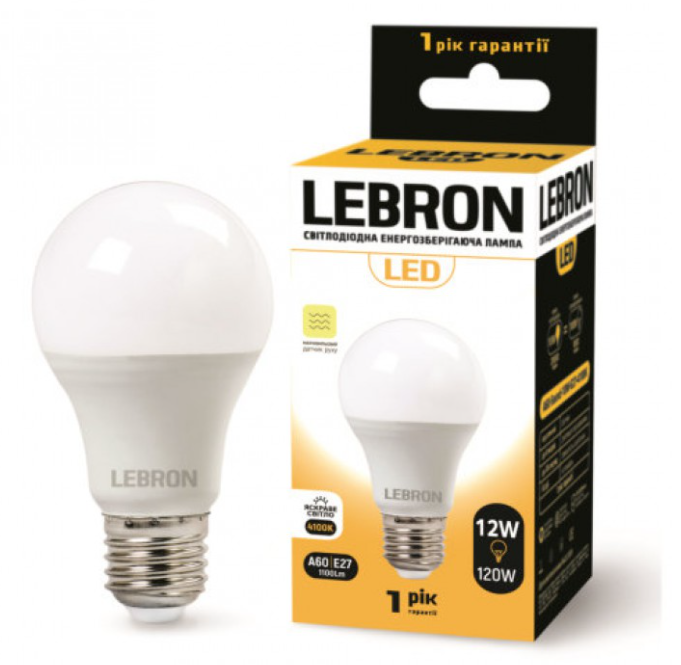 Лампа світлодіодна Lebron A60, 12Вт, E27, 4100К (4823051512409)